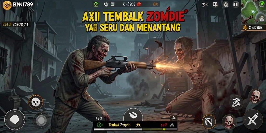 Tampilan antarmuka BNI789 saat menembak zombie dengan efek yang menarik.
