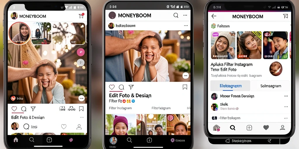 Tampilan antarmuka MONEYBOOM dengan pilihan filter Instagram yang menarik.