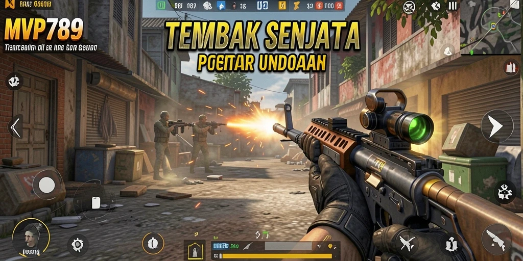 Antarmuka utama MVP789 dengan tampilan senjata dan karakter yang menarik.
